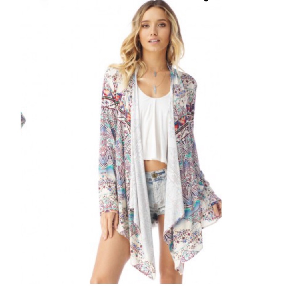 Sky Boho Printed Draped Cardigan in White with Multicolor Accents
